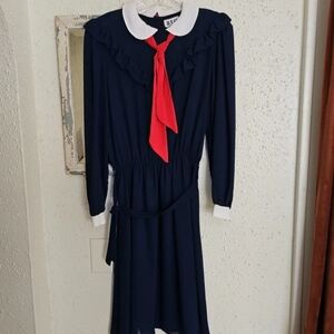 Vintage Navy Blue Long Sleeve Dress with Red Tie and White Collar